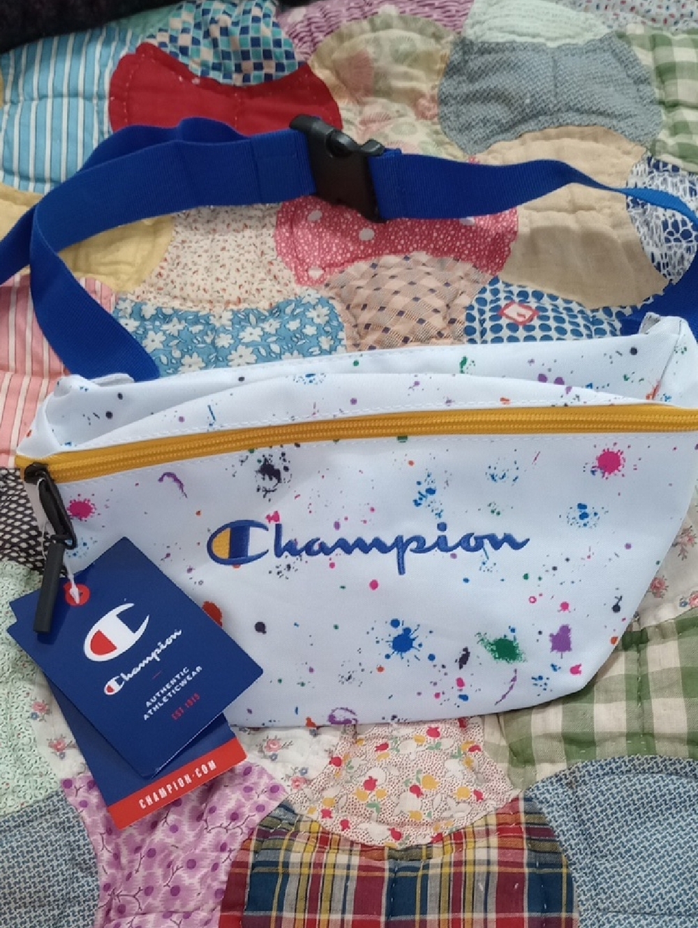 NWT CHAMPION White Paint-Splatter Waist Pack with Blue Strap